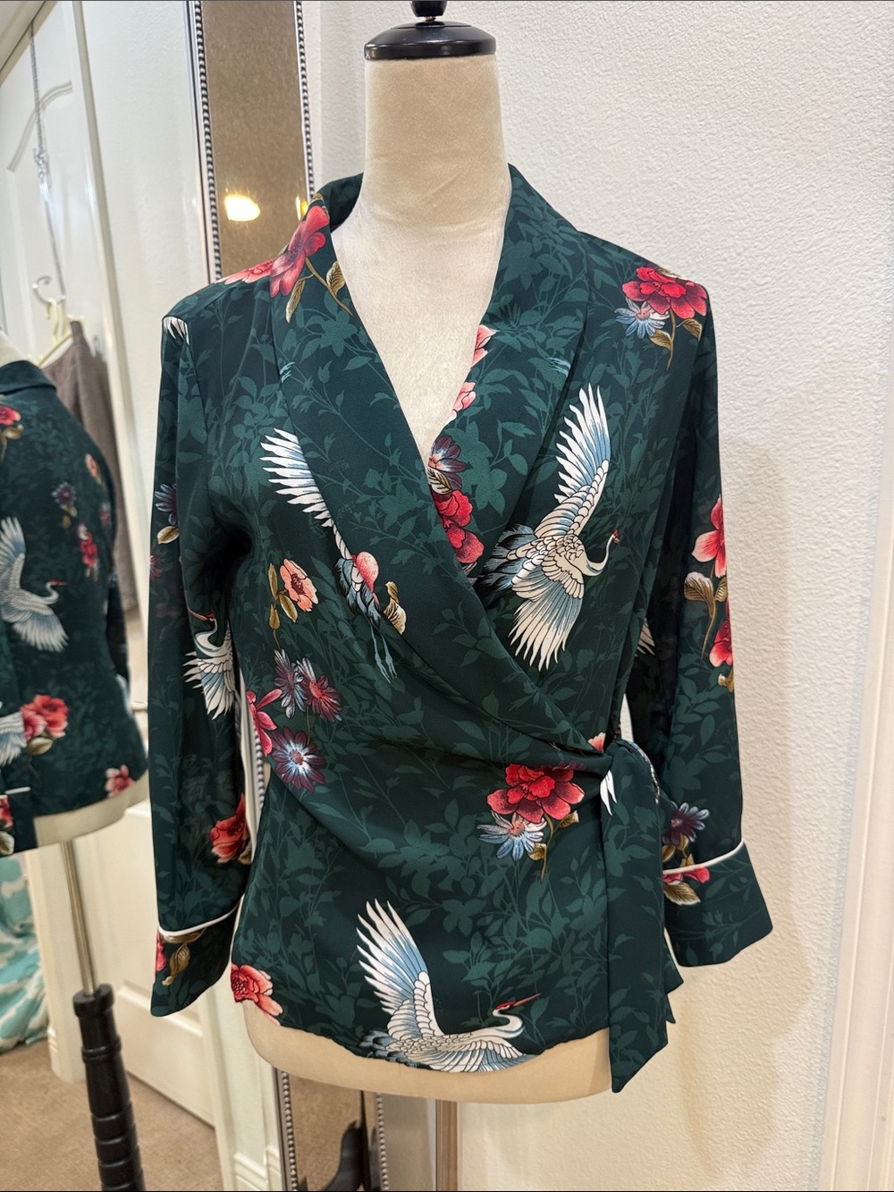 Zara Teal Green Botanical Print Wrap Top